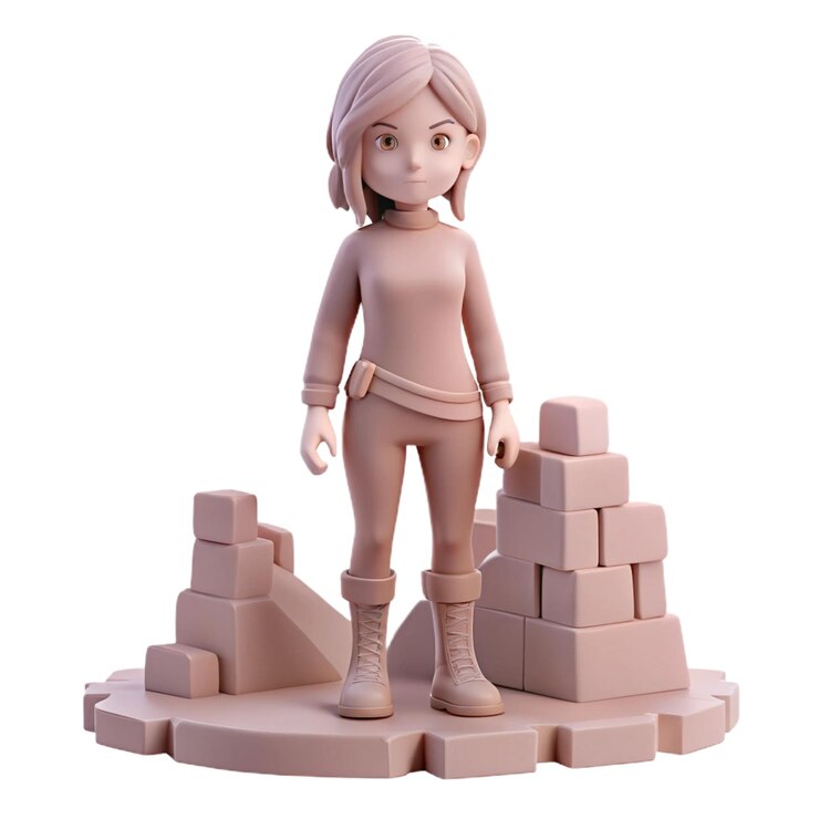 PSD una figura de lego con una chica de pie frente a los ladrillos