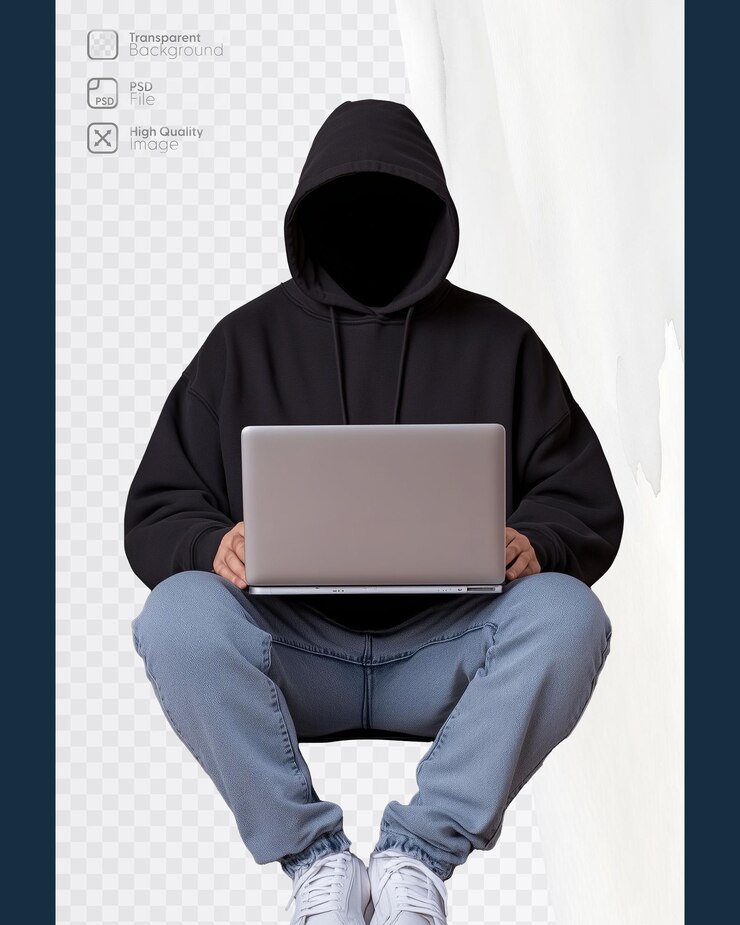 PSD figura misteriosa con capucha negra usando una computadora portátil sobre un fondo transparente