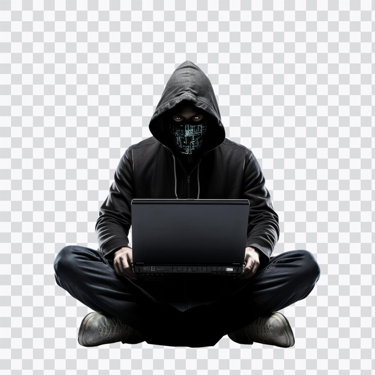 PSD una figura misteriosa con una sudadera y una máscara sentada con las piernas cruzadas con una computadora portátil que representa temas de piratería informática y ciberseguridad