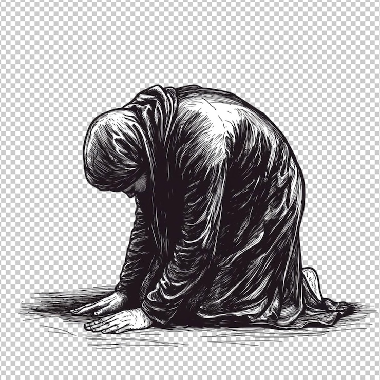 PSD figura penitente ajoelhada em oração postura humilde tinta preta desenho arte esperança túnica cabeça branca fé