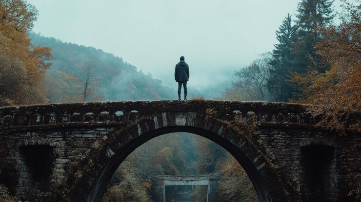 PSD figura solitaria en un antiguo puente de piedra en medio de un paisaje de otoño brumoso