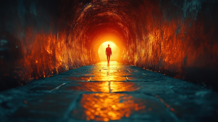 PSD una figura solitaria camina hacia una luz brillante al final de un túnel oscuro