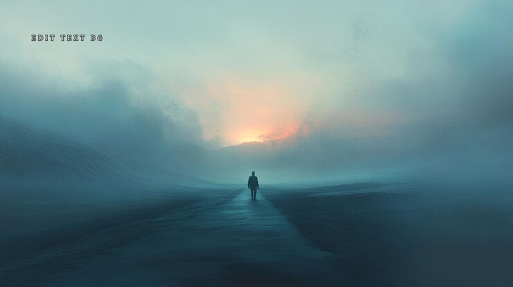 PSD figura solitaria caminando por un camino brumoso hacia una puesta de sol brumosa