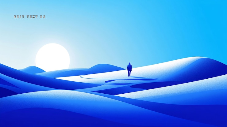 PSD figura solitaria caminando a través de un paisaje azul sereno bajo un sol brillante