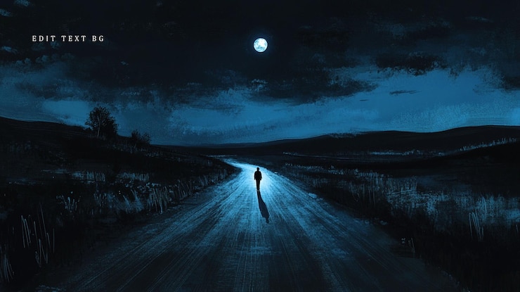 PSD figura solitária caminhando por uma estrada escura à noite sob uma lua cheia