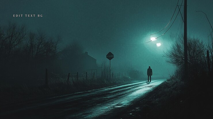 PSD figura solitária caminhando por uma estrada nebulosa à noite iluminada por um único farol