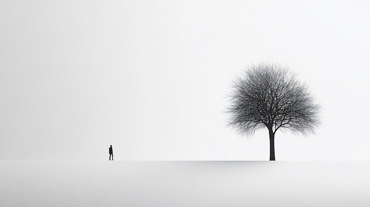 PSD figura solitária de pé diante de uma árvore sem folhas em uma paisagem nebulosa minimalista