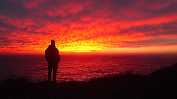 PSD una figura solitaria se erige en silueta contra una puesta de sol ardiente sobre el océano disfrutando de la paz y la belleza del momento.