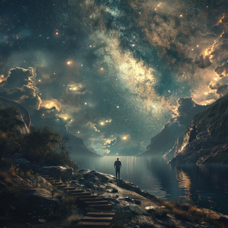 PSD una figura solitaria está de pie en una orilla rocosa mirando hacia arriba a un impresionante cielo nocturno lleno de estrellas y una majestuosa vía láctea