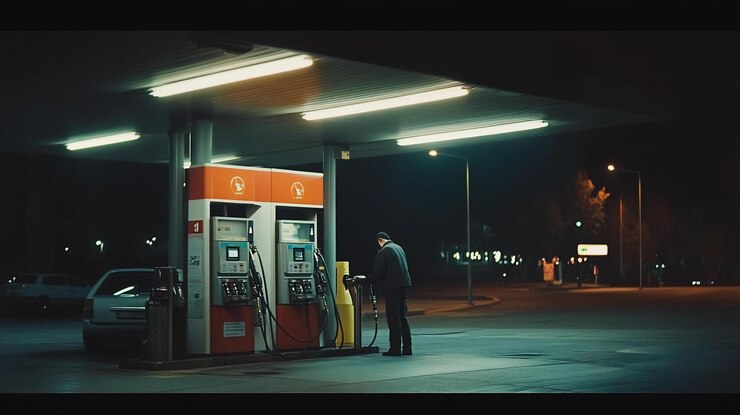 PSD figura solitaria en una gasolinera desierta por la noche