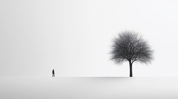 PSD figura solitaria de pie ante un árbol sin hojas en un paisaje nebuloso minimalista