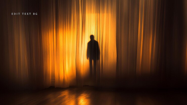 PSD figura sombría detrás de cortinas iluminadas misteriosa y borrosa