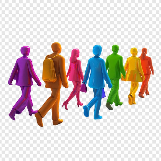 Figuras 3D coloridas caminhando juntas representando diversidade, trabalho em equipe, colaboração e unidade.