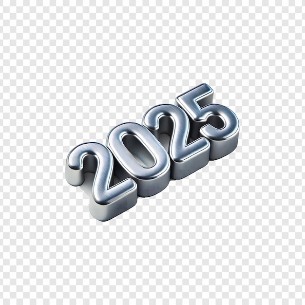 Figuras de Año Nuevo metal de plata 3d 2025 aisladas en un fondo transparente