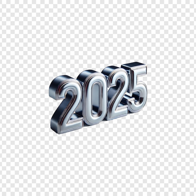 Figuras de Año Nuevo metal de plata 3d 2025 aisladas en un fondo transparente