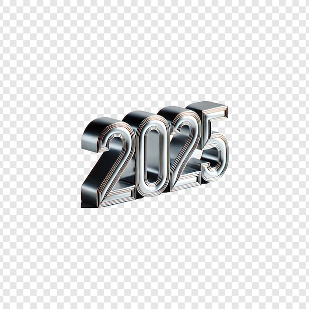 Figuras de Año Nuevo metal de plata 3d 2025 aisladas en un fondo transparente
