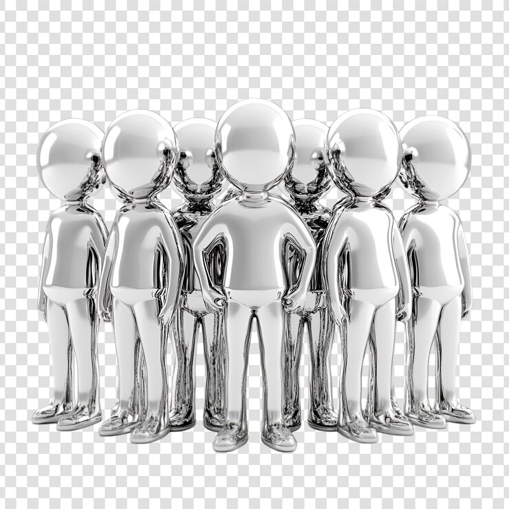 PSD figuras de cromo de pie juntos trabajo en equipo grupo de unidad