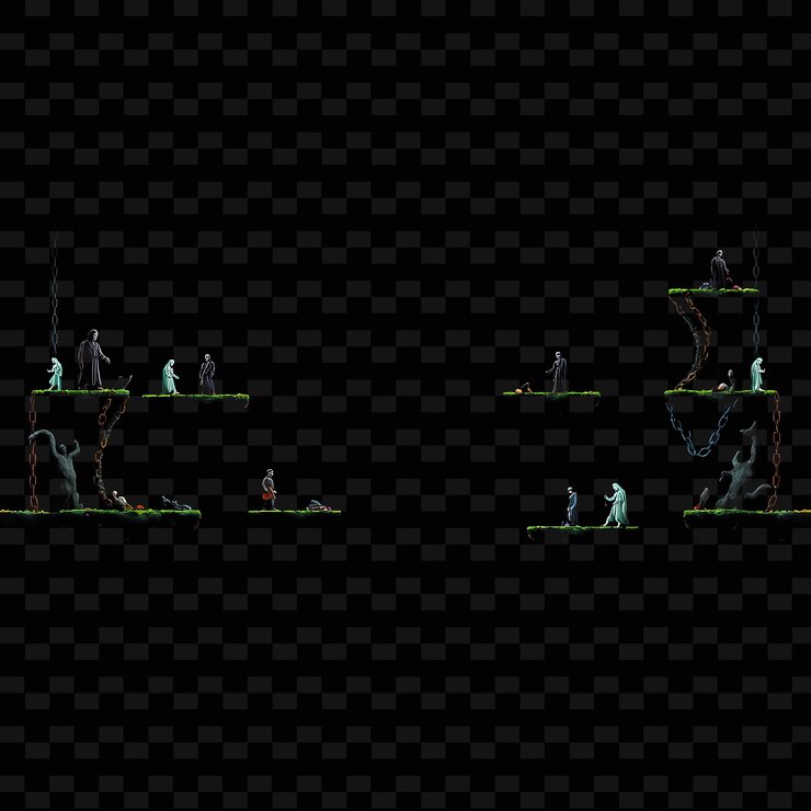 PSD las figuras sombrías de píxeles, las estatuas rotas, las cadenas espectrales, los susurros misteriosos, las figuras sombreadas, los activos del juego.