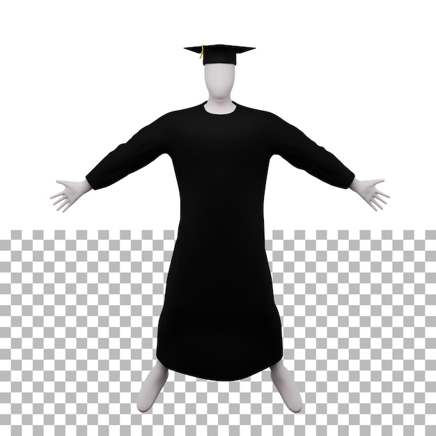 La Figure De Graduation Du Diplôme 3d Pose Avec Une Casquette Et Une Robe Et Fait Une Pose Volante