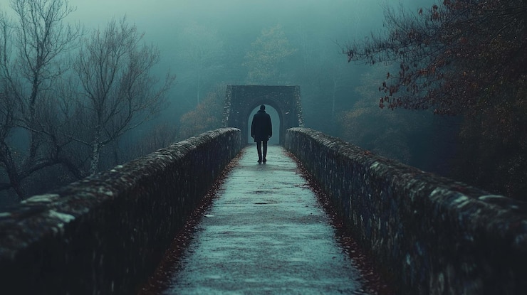 PSD une figure mystérieuse marche sur un pont brumeux
