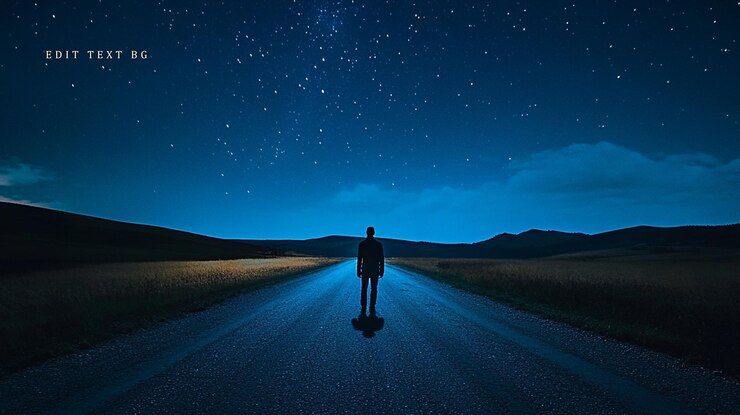 PSD une figure solitaire debout sur une route sombre la nuit sous un ciel étoilé