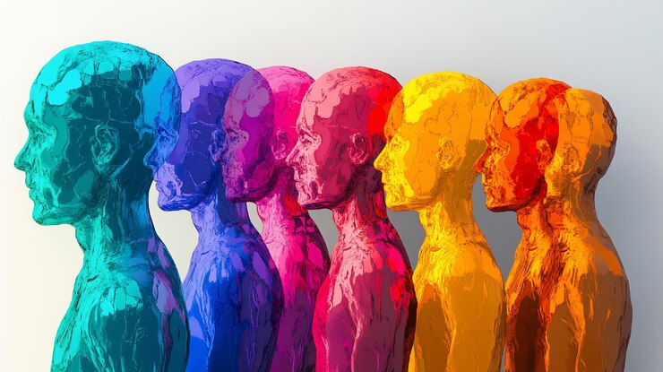 PSD figure umane astratte colorate in una vista di profilo in fila