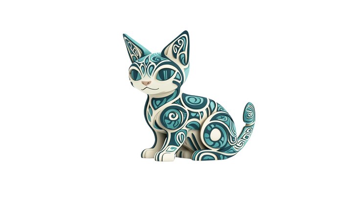 PSD figurina artística de gatito esfinge azul azulado y blanco renderizado digital en 3d