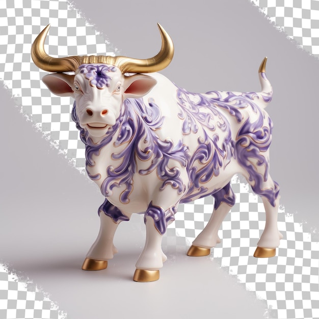 PSD figurina de touro de porcelana roxa e branca em um fundo transparente simbolizando o novo ano do touro