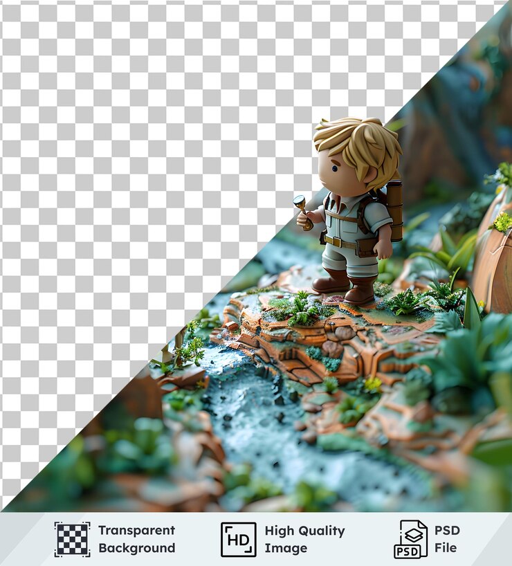 PSD figurina del explorador con linterna de brújula en un exuberante paisaje en miniatura