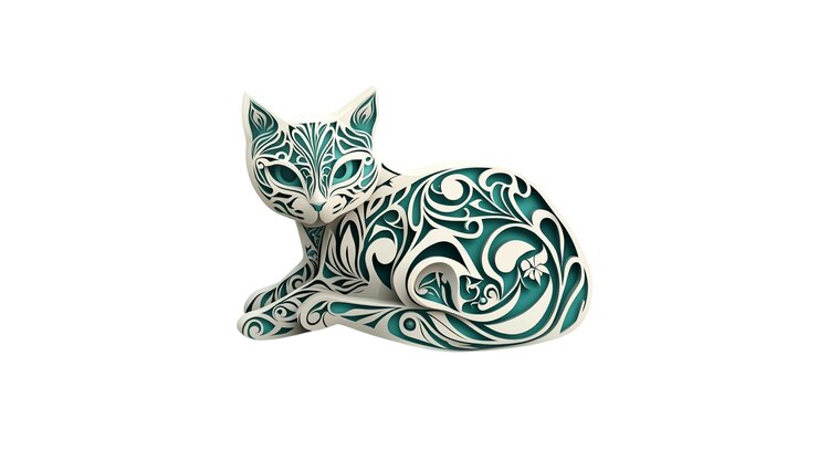 PSD figurina de gato decorativa con diseño floral blanco y azulado