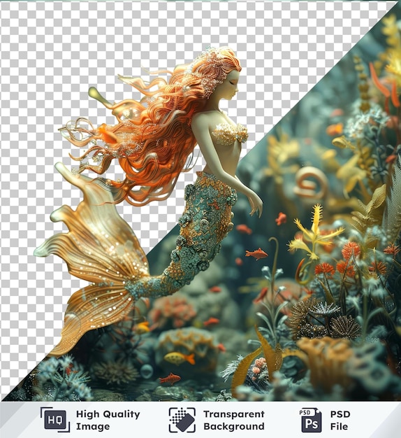 PSD figurina de sirena de fantasía de objeto transparente en un paisaje marino con pelo largo ala azul y blanca