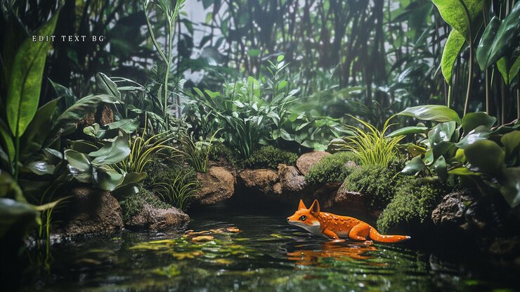 PSD figurina de zorro naranja en un estanque tropical verde exuberante