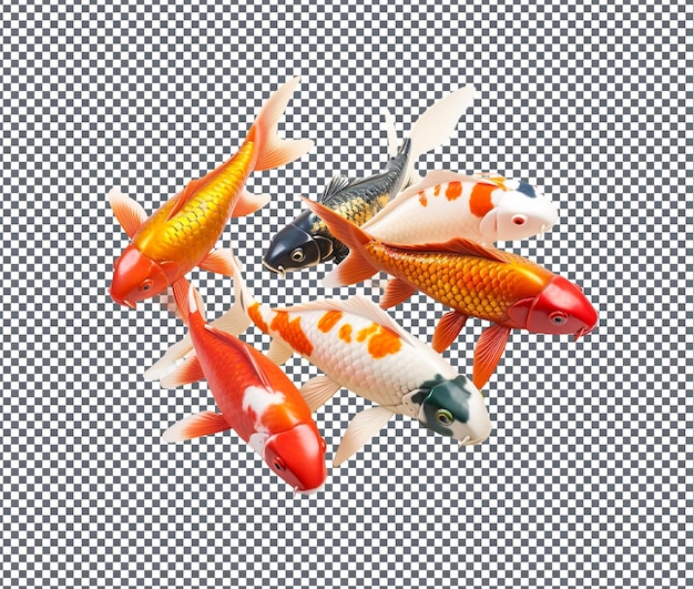 PSD des figurines de poissons koi en céramique colorées isolées sur un fond transparent