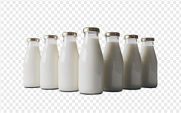 PSD una fila de botellas de leche con un fondo blanco