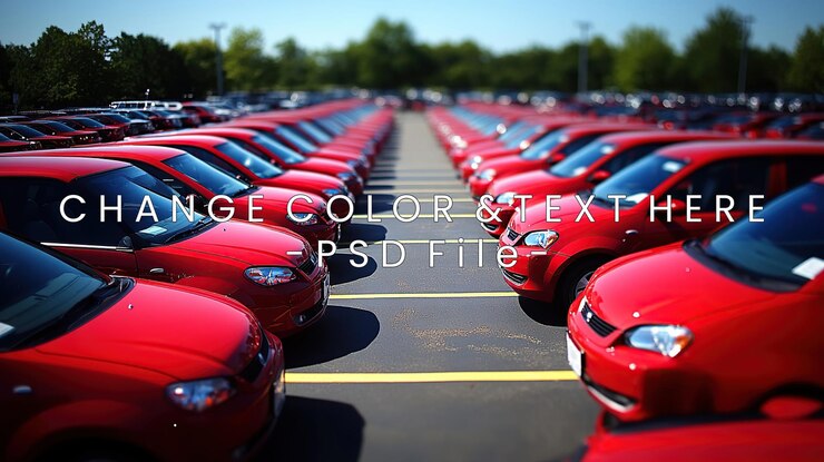 PSD una fila de coches rojos estacionados en un lote que muestra una pantalla uniforme