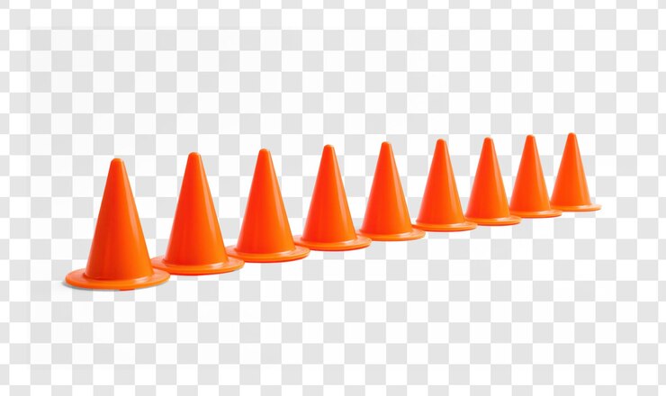 PSD fila de conos de tráfico naranja aislados en un fondo transparente