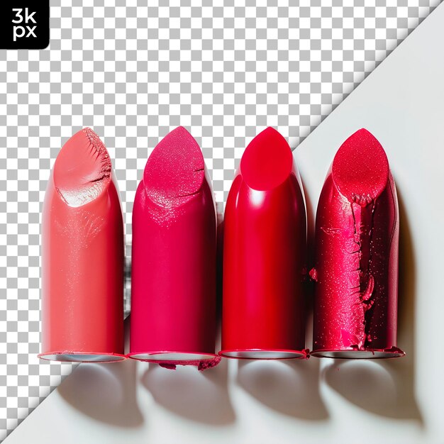 una fila de lápices labiales aislados en un fondo transparente