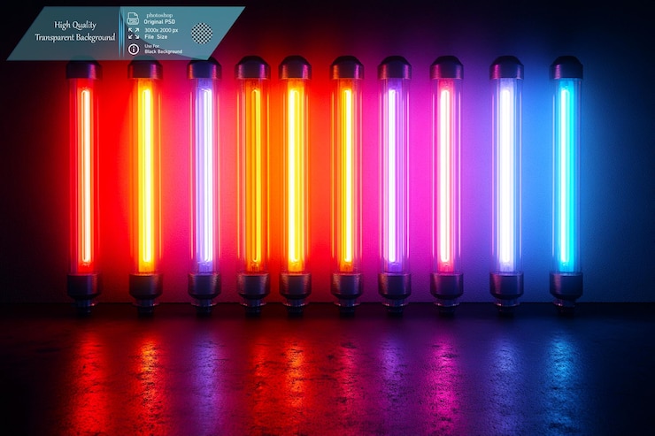 PSD una fila de luces de neón con un fondo azul y rojo