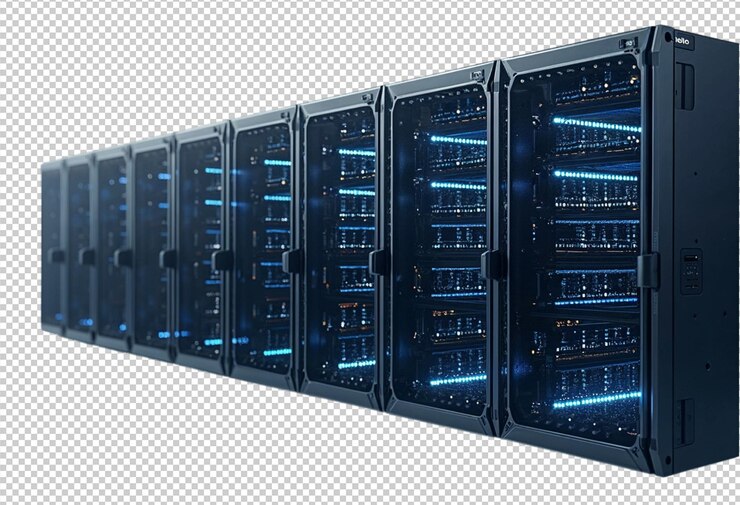 PSD una fila de monitores de computadora con luces azules en la parte inferior