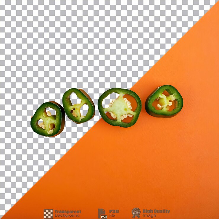 PSD una fila de pimientos de jalapeño verde cortados por la mitad aislados