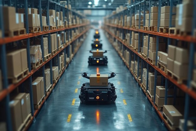 Una fila de robots autónomos que llevan paquetes en un almacén