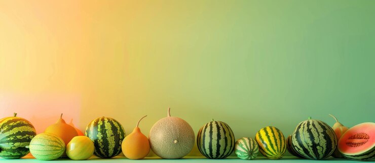 PSD una fila de sandías y calabazas frente a una pared verde y amarilla