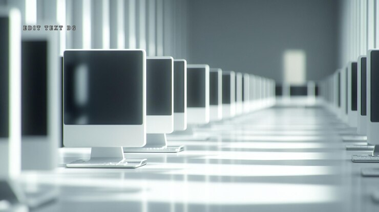 PSD filas de computadores de mesa brancos idênticos em uma sala minimalista brilhante