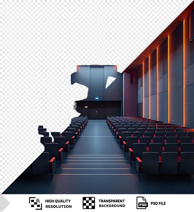PSD filas vazias de assentos com iluminação laranja em um teatro moderno isolado em um fundo transparente