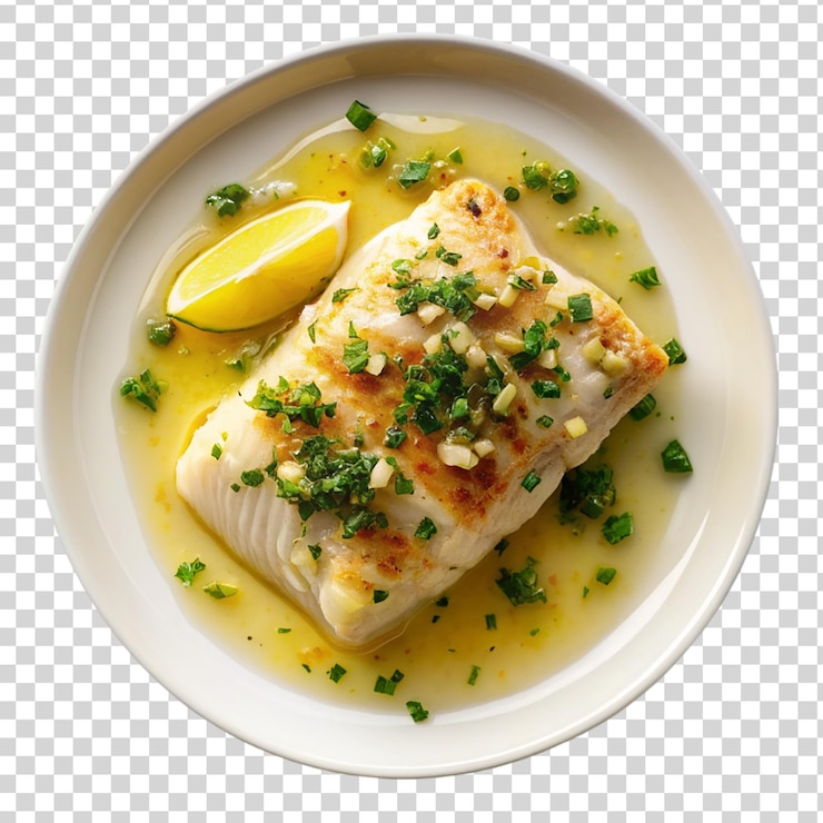 PSD filé de bacalhau assado coberto com molho de manteiga de alho isolado sobre fundo transparente
