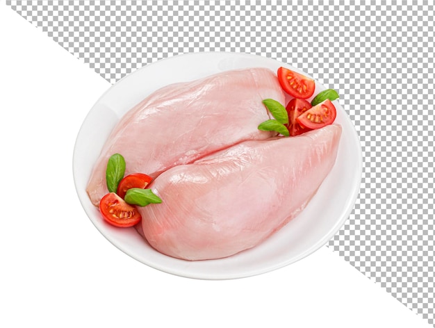 Filé de frango cru isolado em fundo branco com percurso de corte