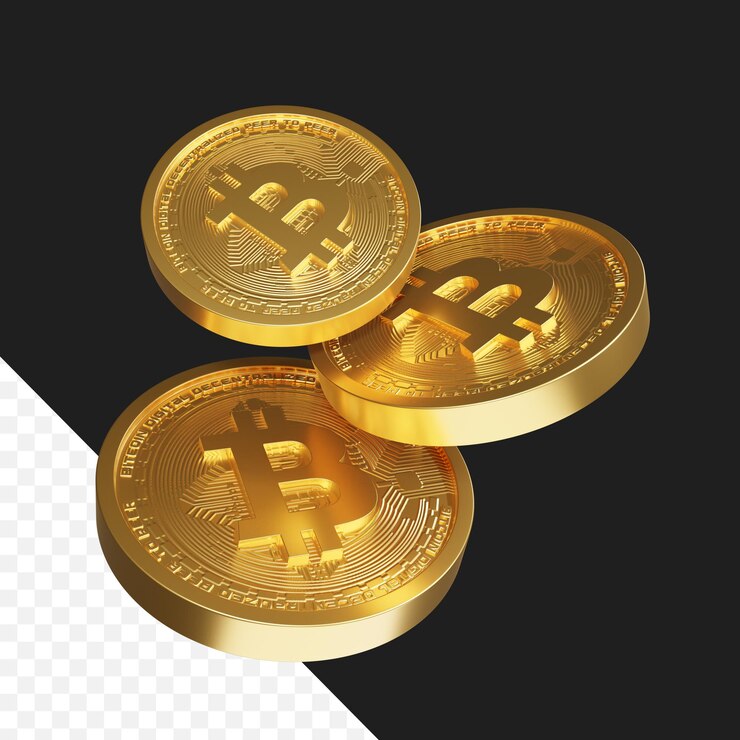 File PSD 3D render realistico di monete bitcoin in aria png