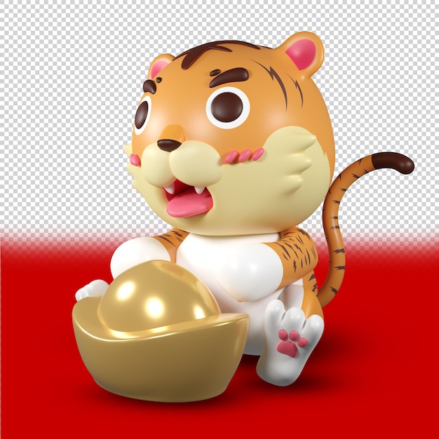 File PSD Cute Tiger e oro cinese Cartoon SD Model 3D render Character. rendering 3D.