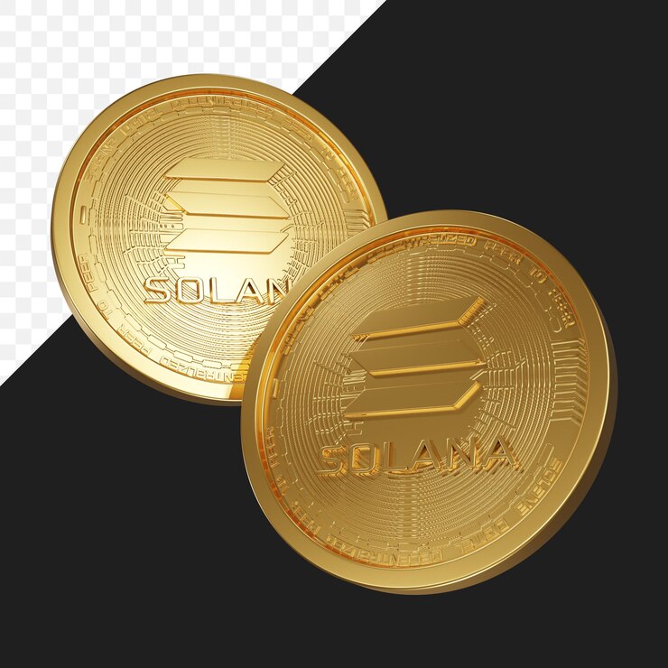 File PSD due monete Solana SOL criptovaluta 3D realistica con sfondo trasparente