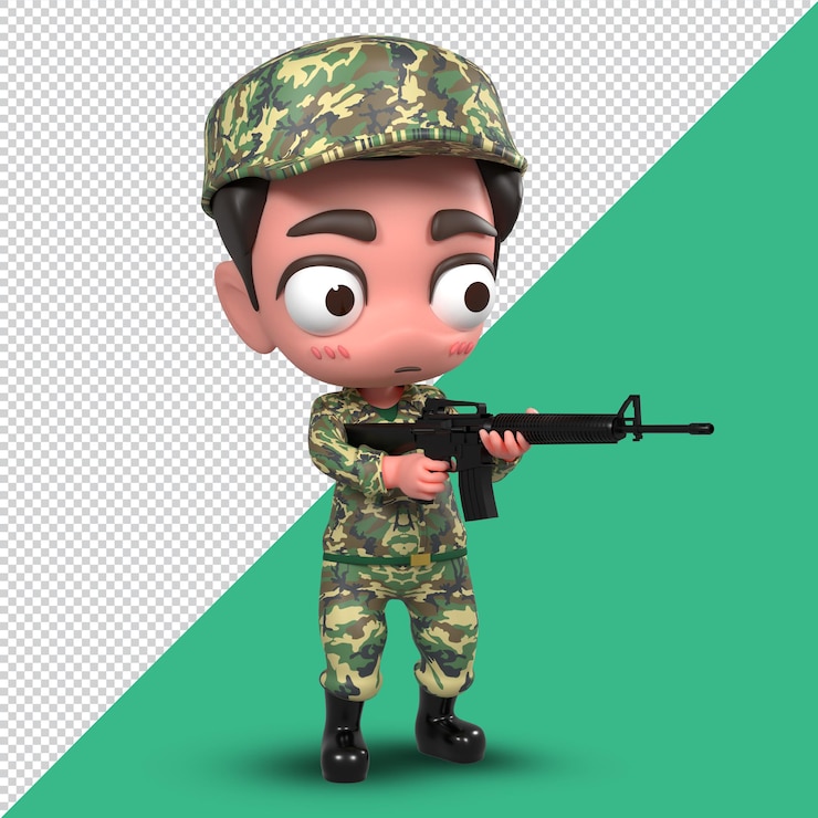 PSD file psd soldato dell'esercito carino cartoon sd model 3d render character. rendering 3d.